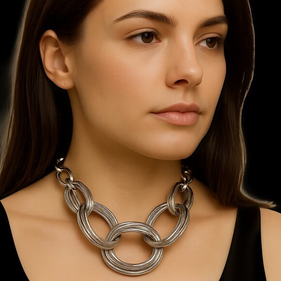 Silver-Tone Statement Necklace with Oversized Multi-Wire Linked Rings – Jewelry - Picture 1 of 12